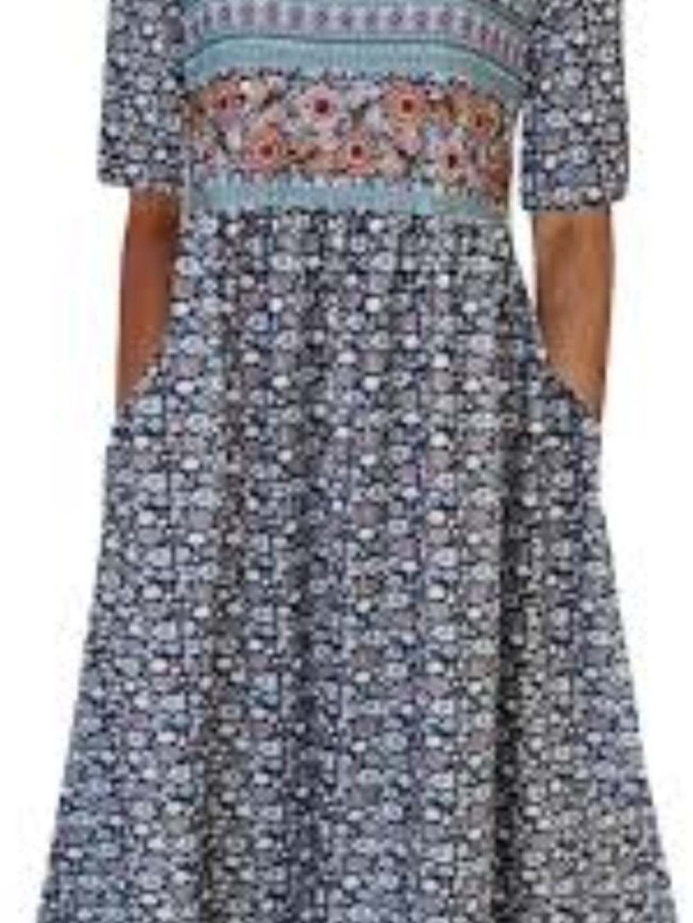 Boho Floral Patchwork Midi Dress in Navy and Light Blue